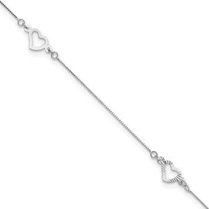 14K White Gold Fancy Heart Charm 9" Plus 1" ext. Summer Fun Fine Jewelry Anklet